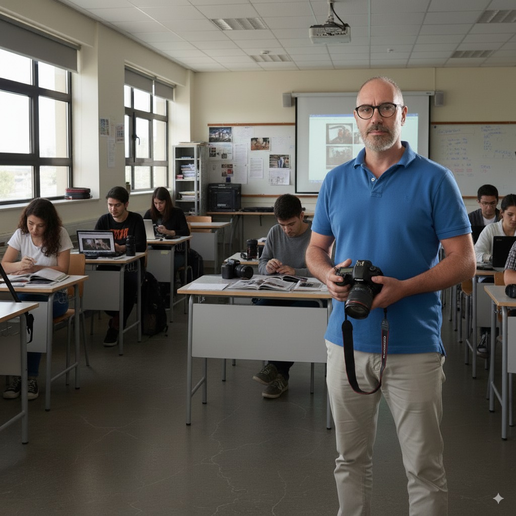 Luca Cavazzuti mentre insegna in un corso di fotografia Modena nel suo studio