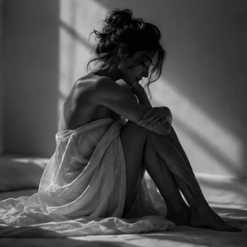 Nudo suggerito in bianco e nero: una donna seduta raccoglie le ginocchia al petto, avvolta in un lenzuolo, con la schiena nuda e il capo chino, mentre la luce di una finestra disegna una diagonale sulla parete
