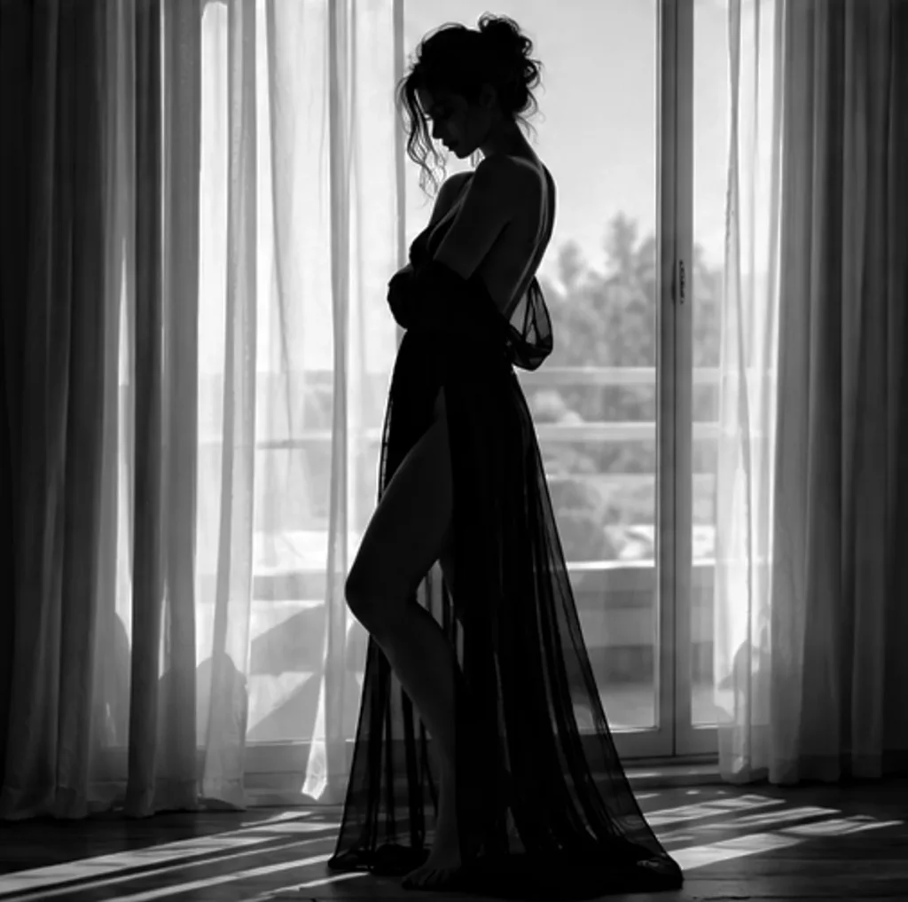 Silhouette in bianco e nero di una donna di profilo davanti a una portafinestra, che trattiene al petto un lungo tessuto trasparente scuro, con la schiena scoperta