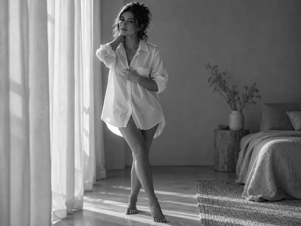 Fotografia in bianco e nero di una donna in piedi, a figura intera e a piedi nudi, con una camicia bianca lunga e le gambe incrociate accanto a tende chiare