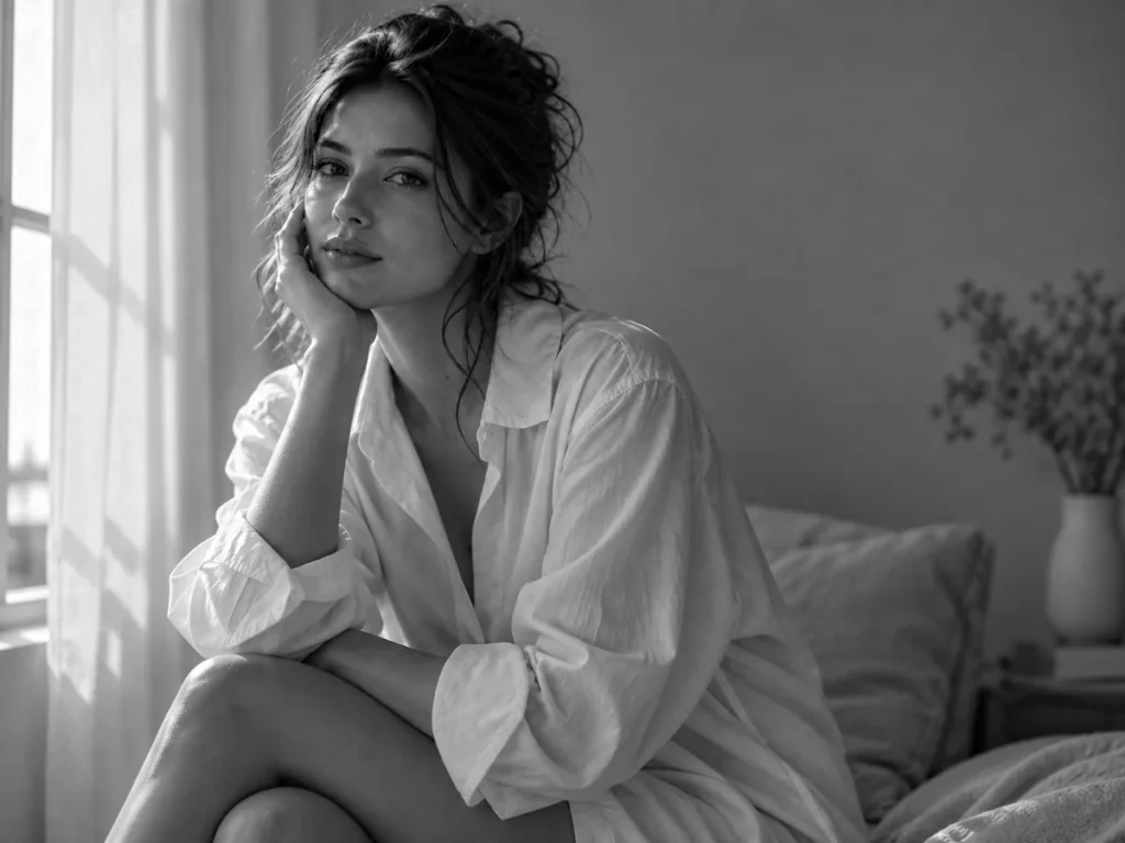 Ritratto intimo in bianco e nero di una donna seduta sul bordo del letto, con una camicia bianca ampia e la mano sulla guancia, illuminata da una finestra con tende leggere