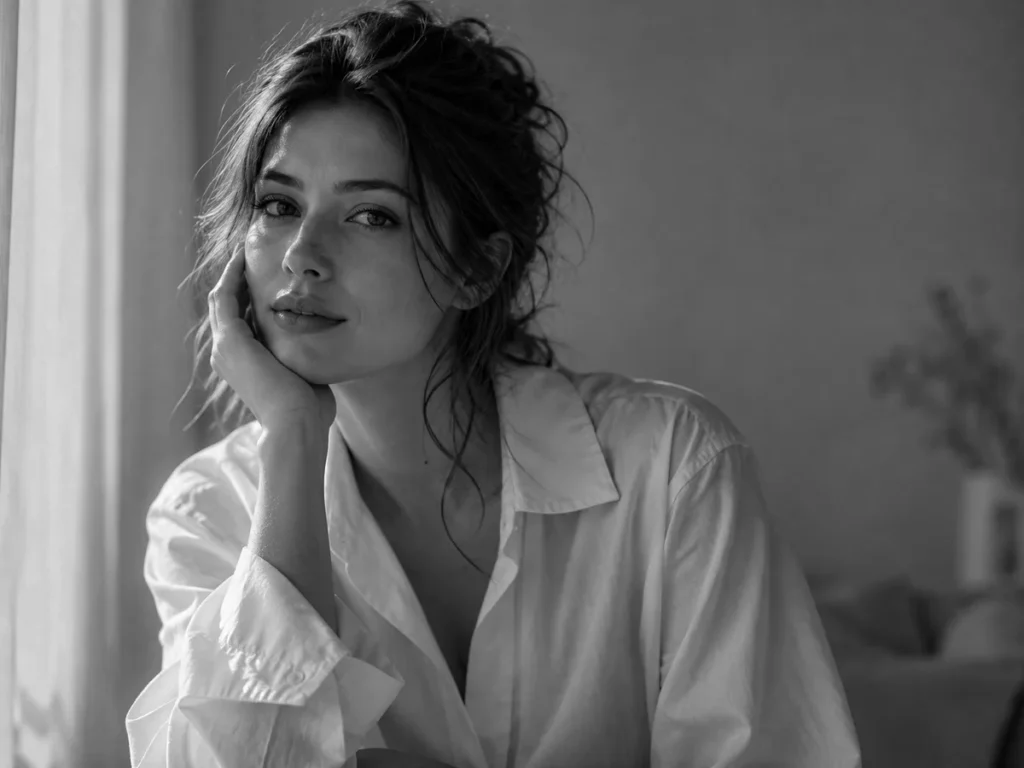 Ritratto in bianco e nero di una donna con una camicia bianca e i capelli raccolti in modo morbido, la mano sulla guancia e lo sguardo verso l’obiettivo, accanto a una finestra