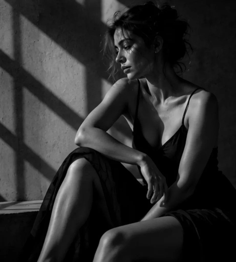 Ritratto in bianco e nero di una donna seduta con un abito scuro a spalline sottili, gli occhi abbassati, mentre il sole disegna sul muro di cemento le ombre di una finestra