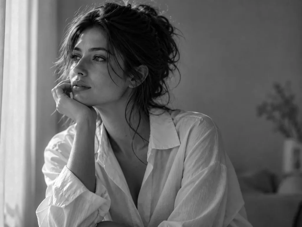 Ritratto ravvicinato in bianco e nero di una donna con i capelli raccolti in modo morbido, il mento appoggiato alla mano e lo sguardo rivolto alla finestra