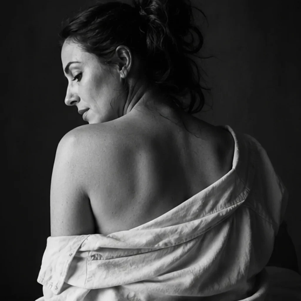 Ritratto in bianco e nero di una donna vista di schiena su sfondo scuro, con una camicia bianca scesa sotto le spalle e il viso di profilo rivolto verso il basso