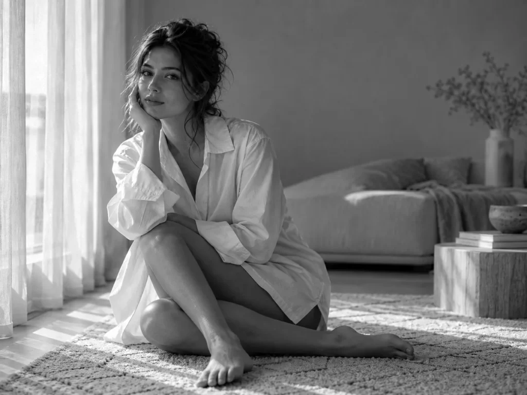 Fotografia in bianco e nero di una donna seduta su un tappeto, con una camicia bianca ampia, una gamba piegata e la mano sulla guancia, in una stanza luminosa