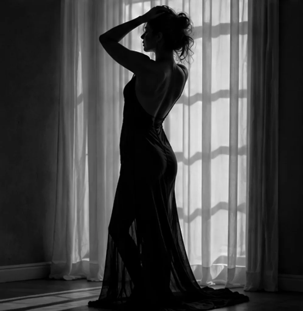 Silhouette in bianco e nero di una donna in piedi di profilo davanti a una finestra, con un braccio alzato verso i capelli e un abito lungo scuro senza schiena