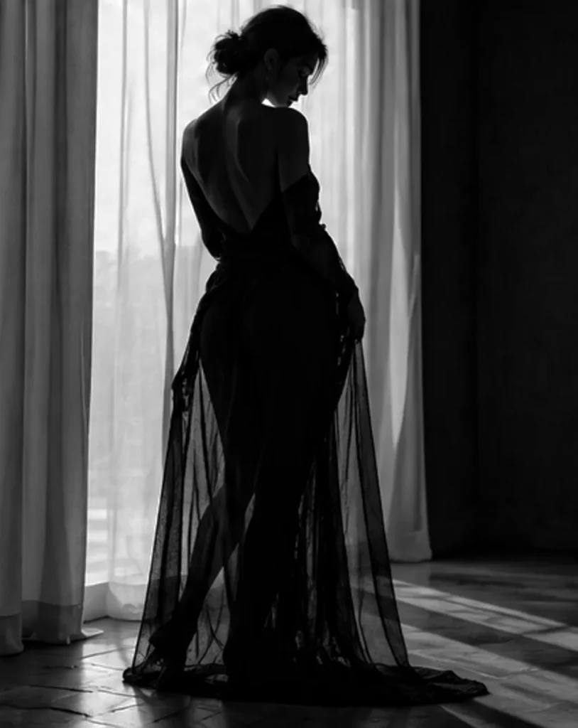 Silhouette in bianco e nero di una donna vista di schiena davanti a una finestra con tende bianche, con un lungo abito scuro trasparente e la schiena scoperta